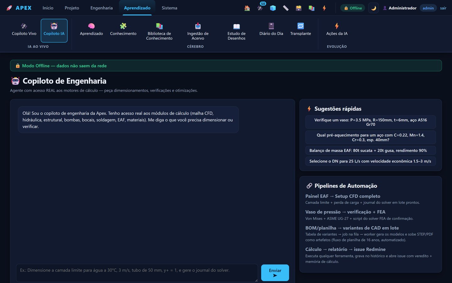 Copiloto de engenharia com sugestões rápidas de dimensionamento e uma lista de pipelines de automação ligando cálculo, simulação e relatório.