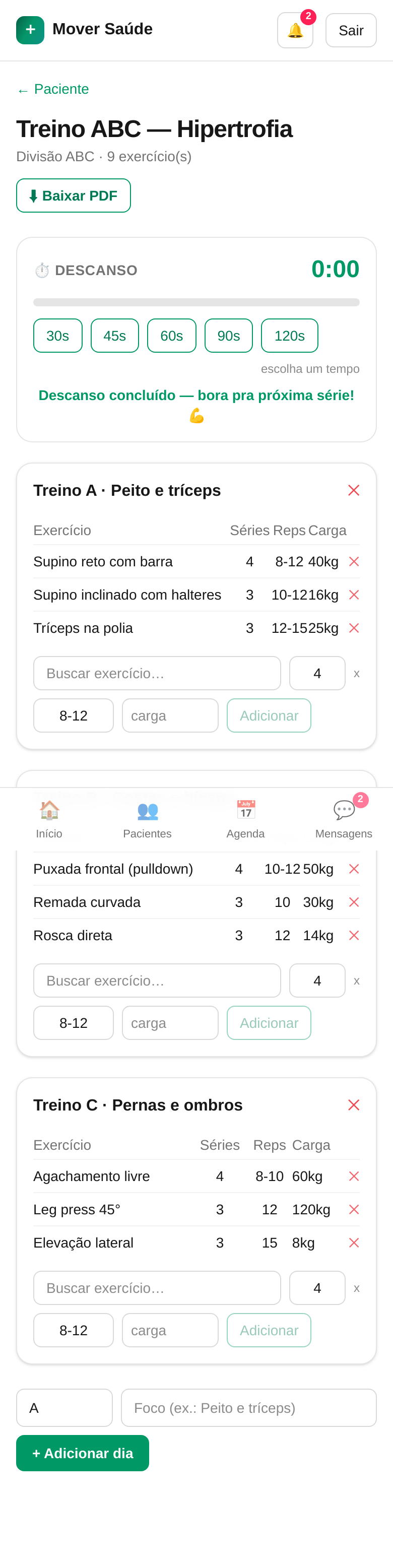 Editor de treino com biblioteca de exercícios