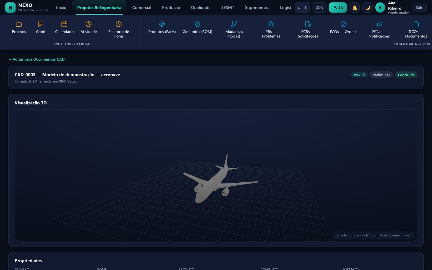 Documento CAD aberto no Nexo com um modelo 3D de aeronave girando no navegador, com controles de orbitar, zoom e mover.