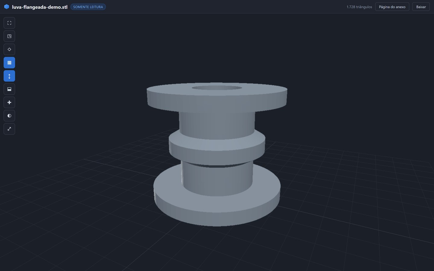Visualizador 3D aberto dentro do Redmine, mostrando uma peça mecânica sombreada sobre grade, com barra de ferramentas de corte, aramado e enquadramento